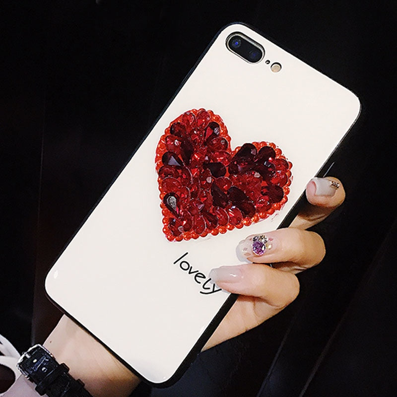 Tempered Glitter Rhinestone Love Heart Phone Case