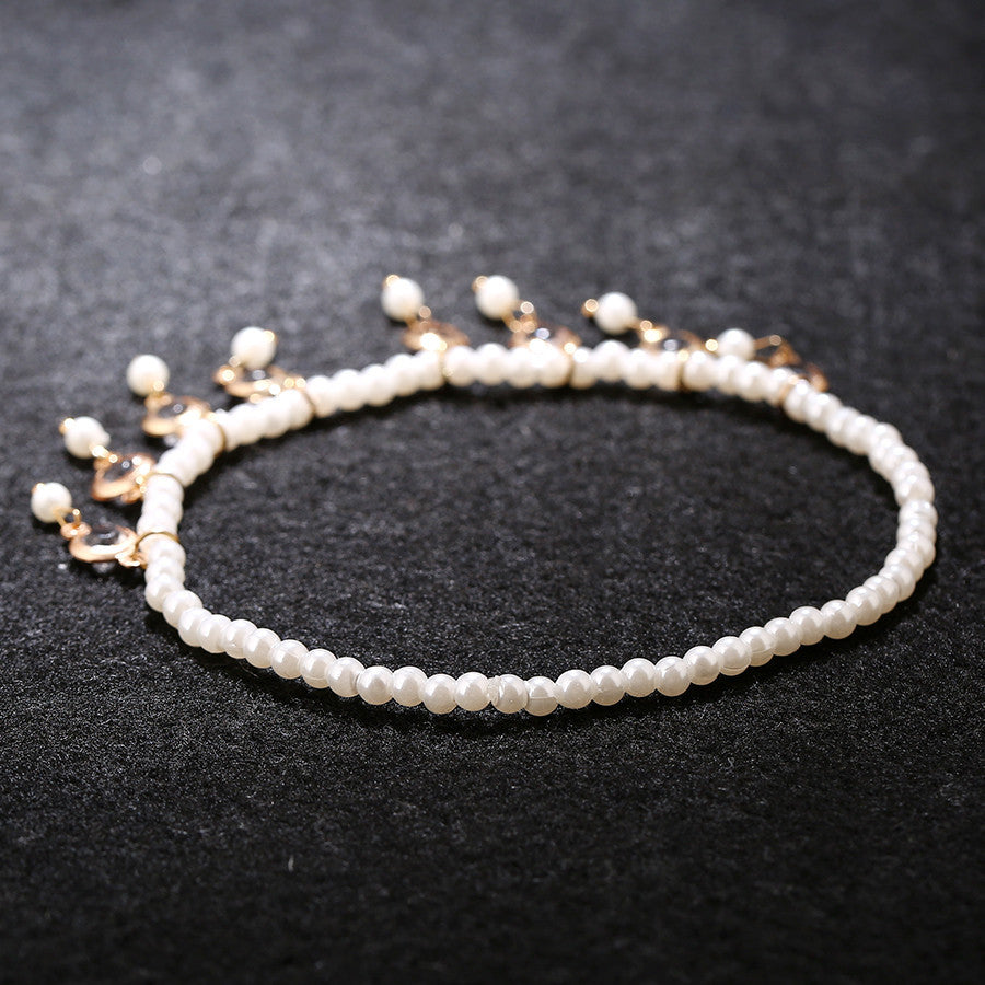 Korean Fashion Simple And Versatile Imitation Pearl Crystal Tassel Elastic Anklet