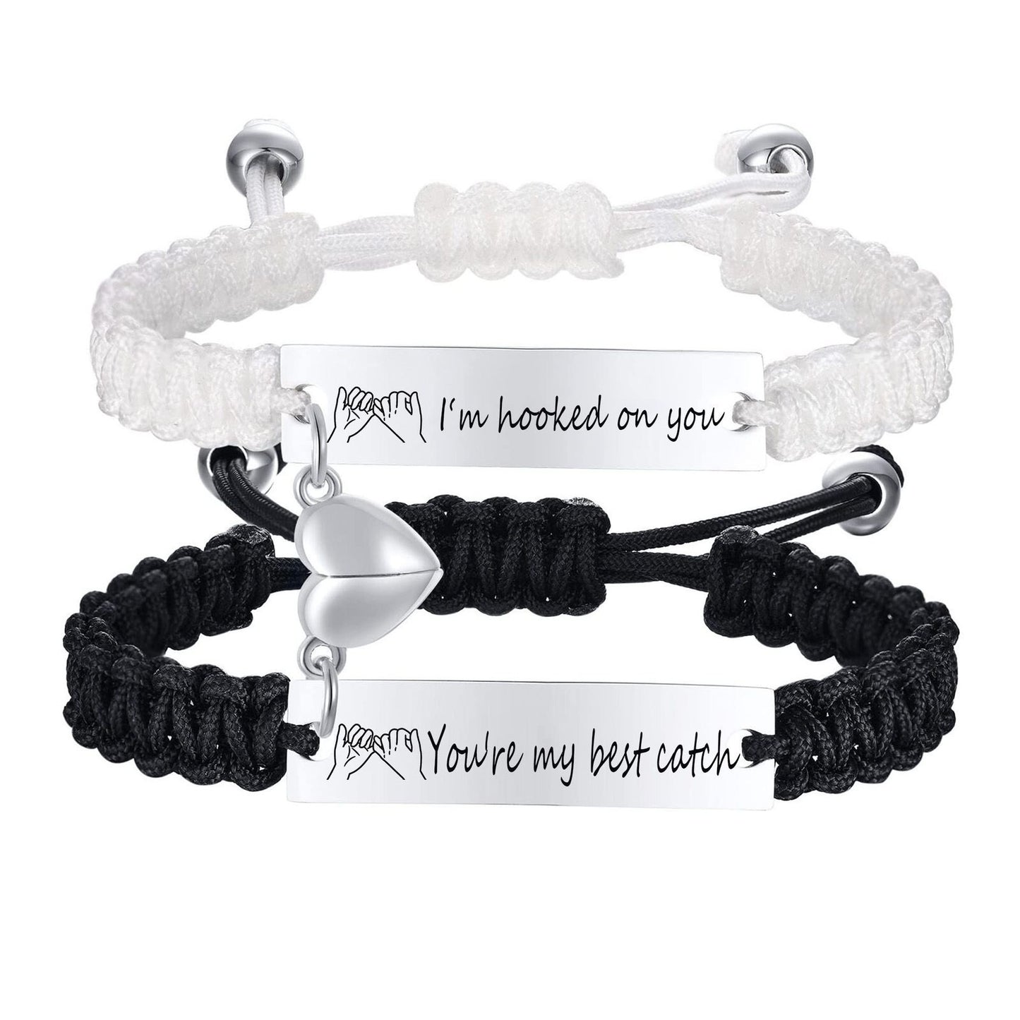 Hand woven magnetic black and white rope with engraved lettering bracelet