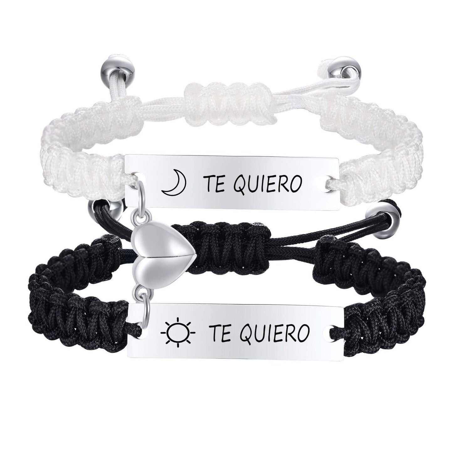 Hand woven magnetic black and white rope with engraved lettering bracelet