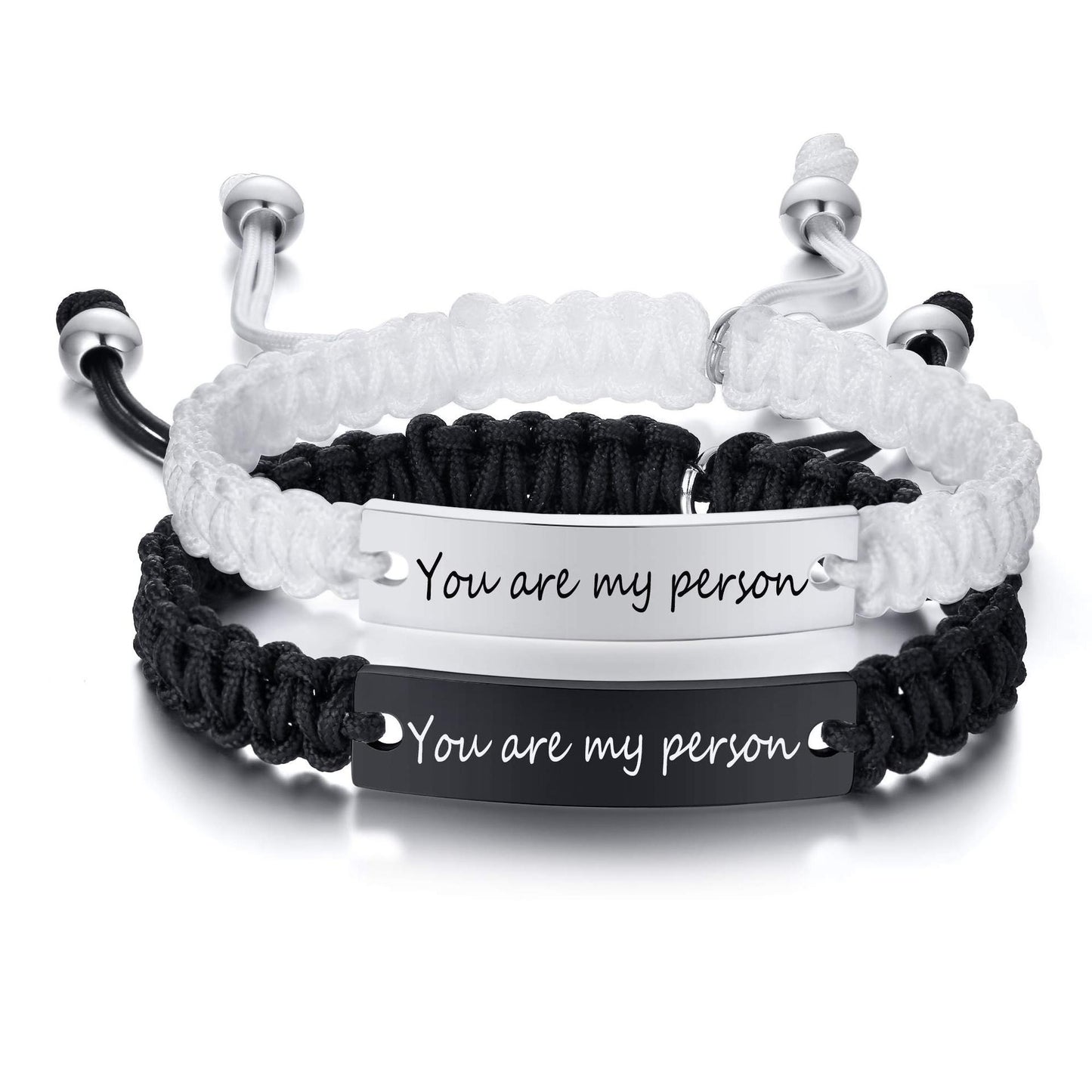 Hand woven magnetic black and white rope with engraved lettering bracelet