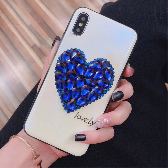 Tempered Glitter Rhinestone Love Heart Phone Case