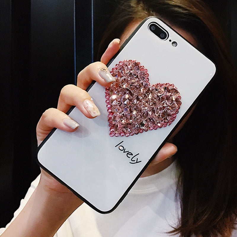 Tempered Glitter Rhinestone Love Heart Phone Case