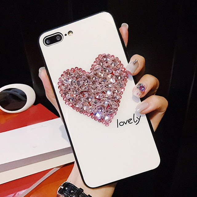 Tempered Glitter Rhinestone Love Heart Phone Case