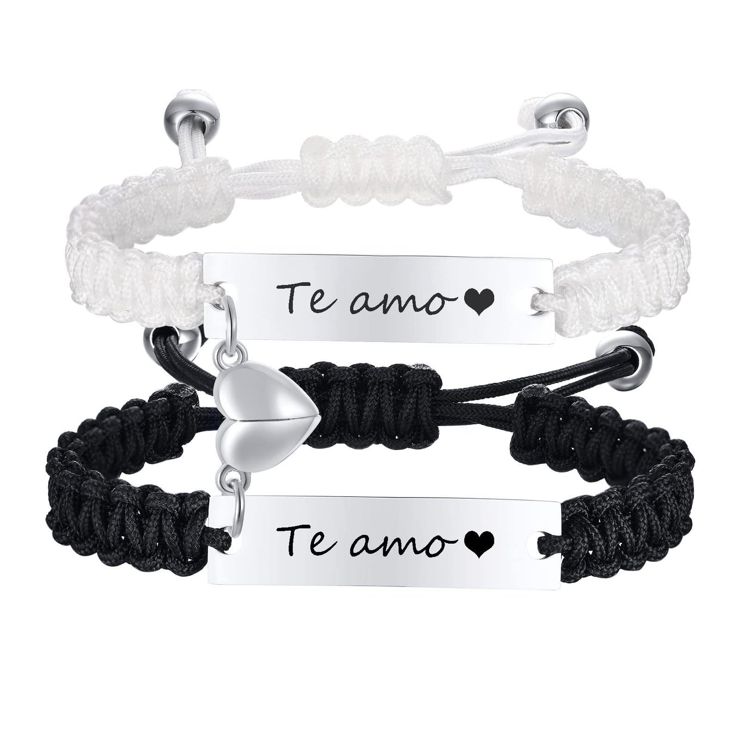 Hand woven magnetic black and white rope with engraved lettering bracelet