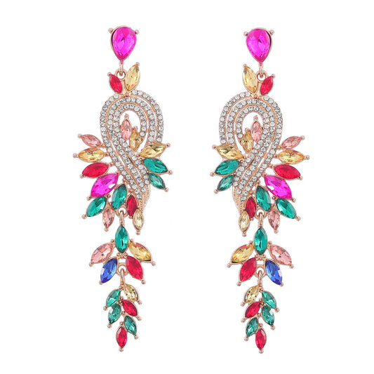 Inlaid Diamond Geometric Leaf Color Diamond Earrings