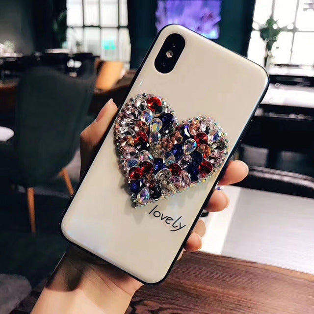 Tempered Glitter Rhinestone Love Heart Phone Case