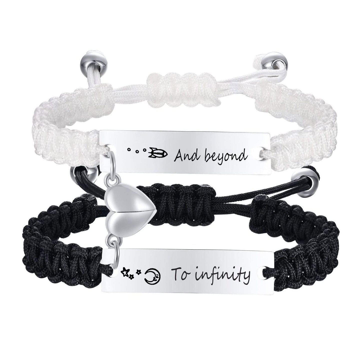 Hand woven magnetic black and white rope with engraved lettering bracelet