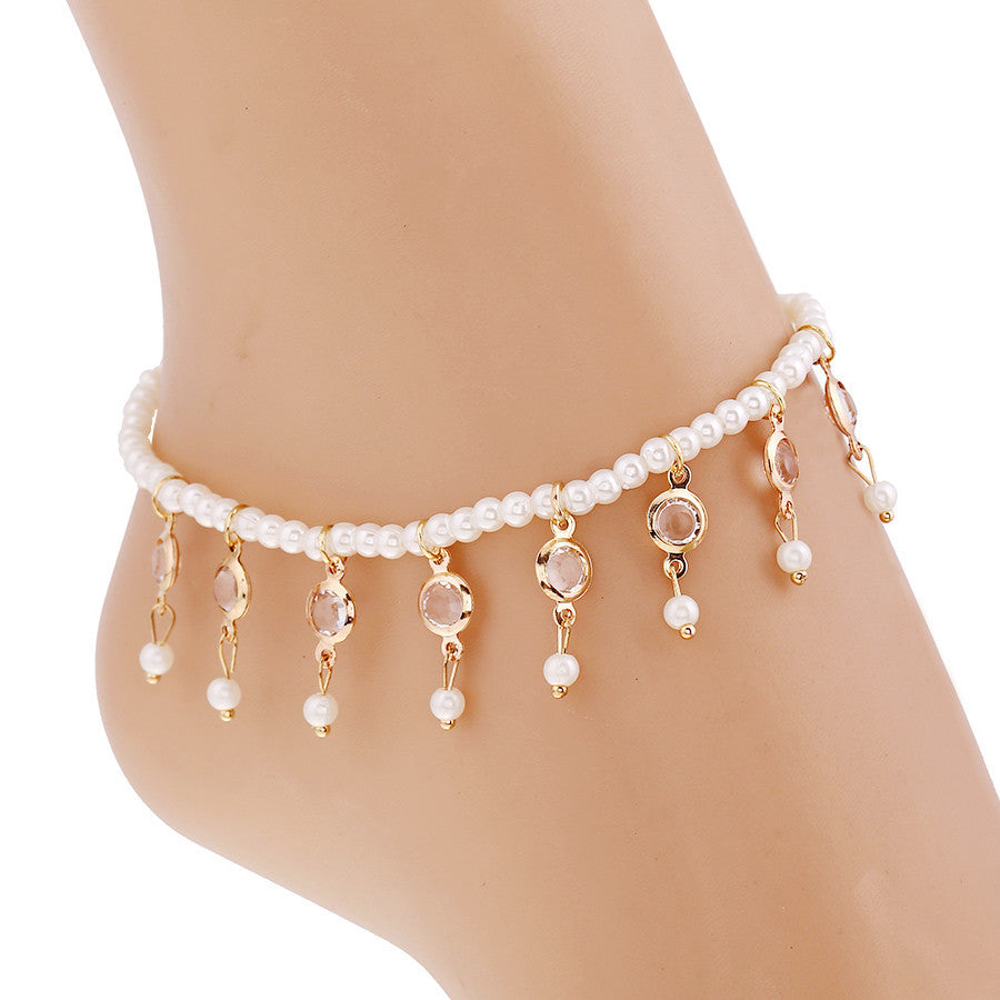 Korean Fashion Simple And Versatile Imitation Pearl Crystal Tassel Elastic Anklet