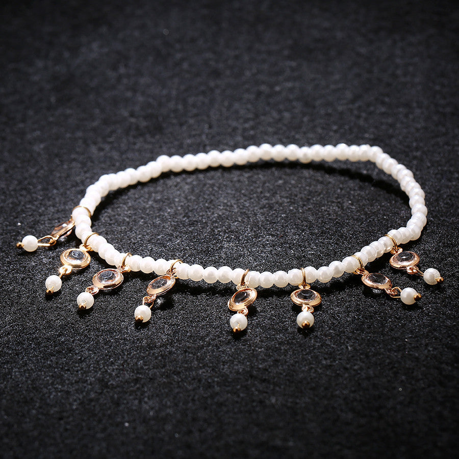 Korean Fashion Simple And Versatile Imitation Pearl Crystal Tassel Elastic Anklet