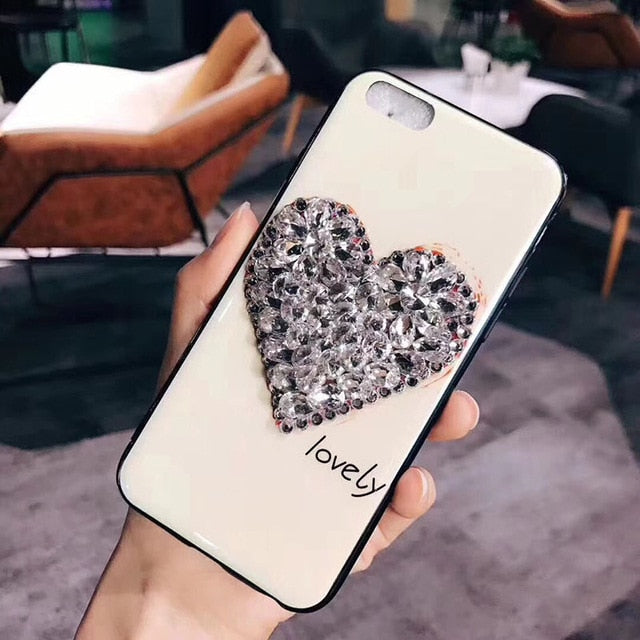 Tempered Glitter Rhinestone Love Heart Phone Case