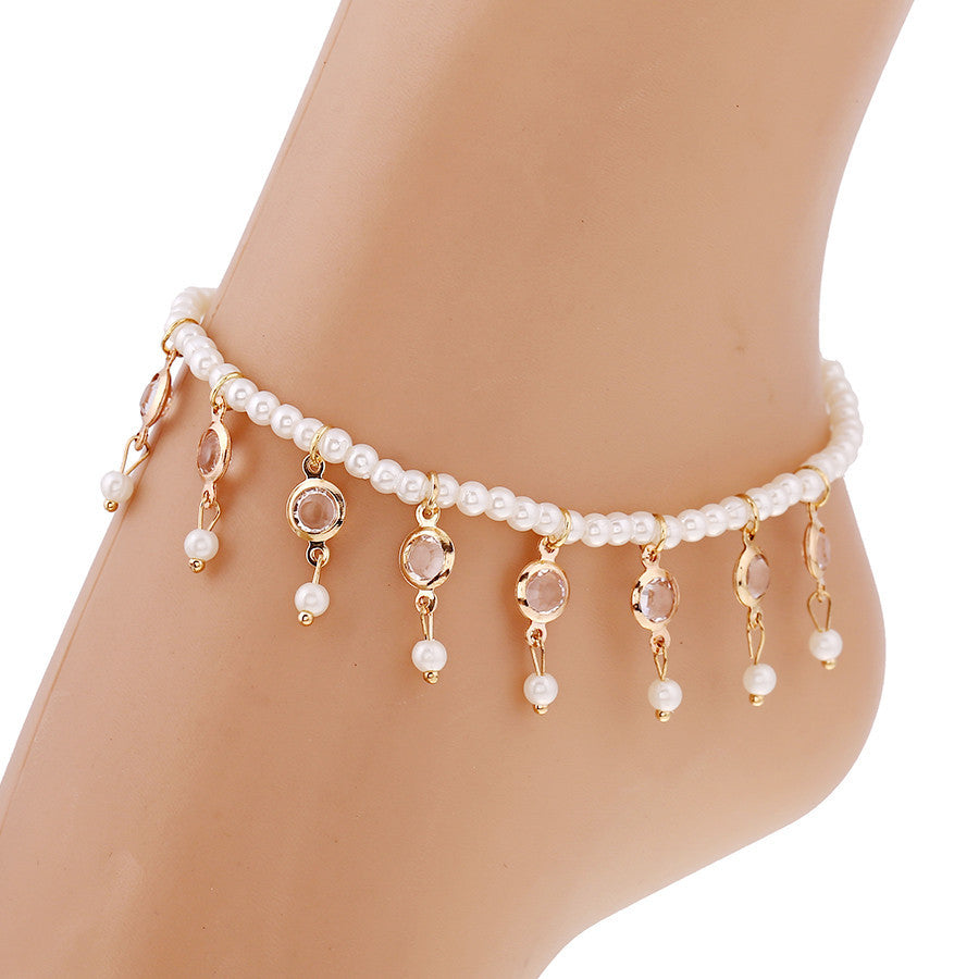 Korean Fashion Simple And Versatile Imitation Pearl Crystal Tassel Elastic Anklet