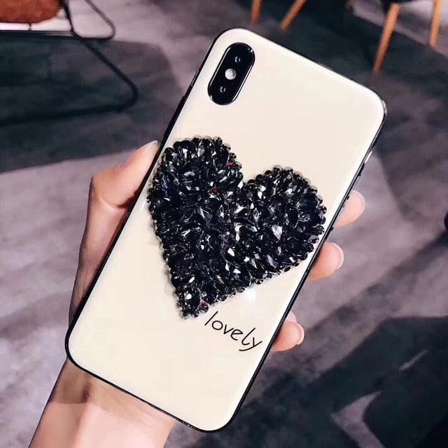 Tempered Glitter Rhinestone Love Heart Phone Case