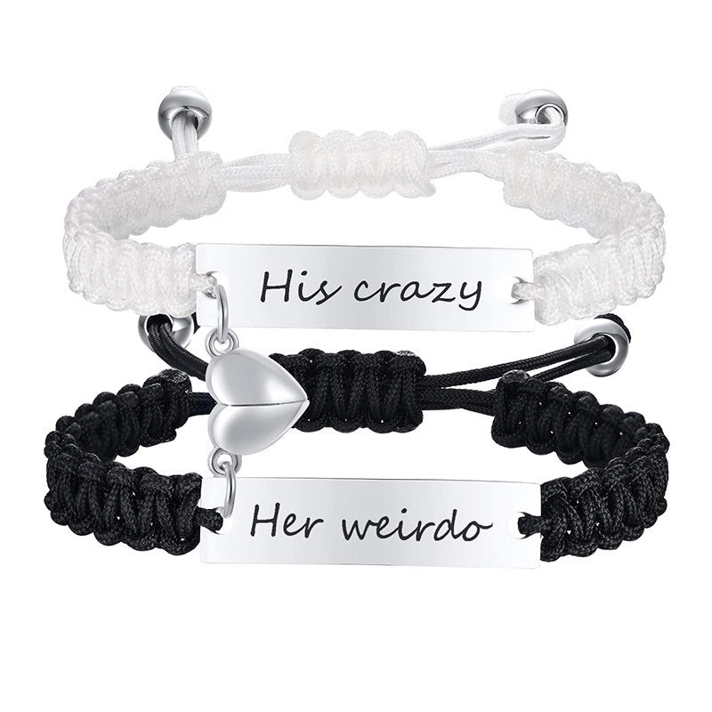 Hand woven magnetic black and white rope with engraved lettering bracelet