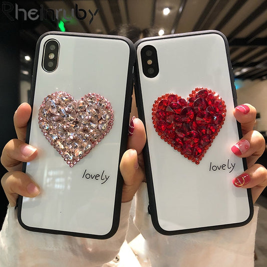 Tempered Glitter Rhinestone Love Heart Phone Case