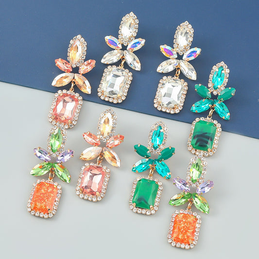 Fashion Color Diamond Alloy Flower Square Earrings