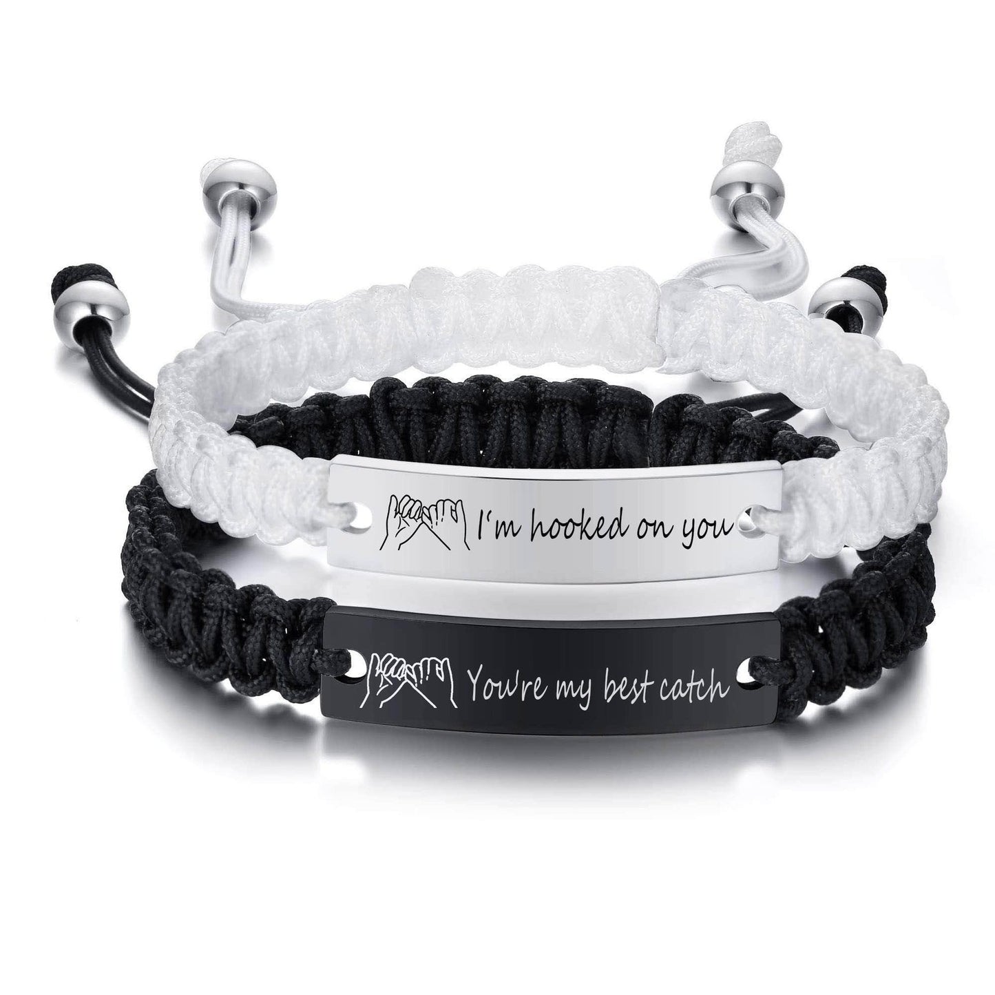 Hand woven magnetic black and white rope with engraved lettering bracelet