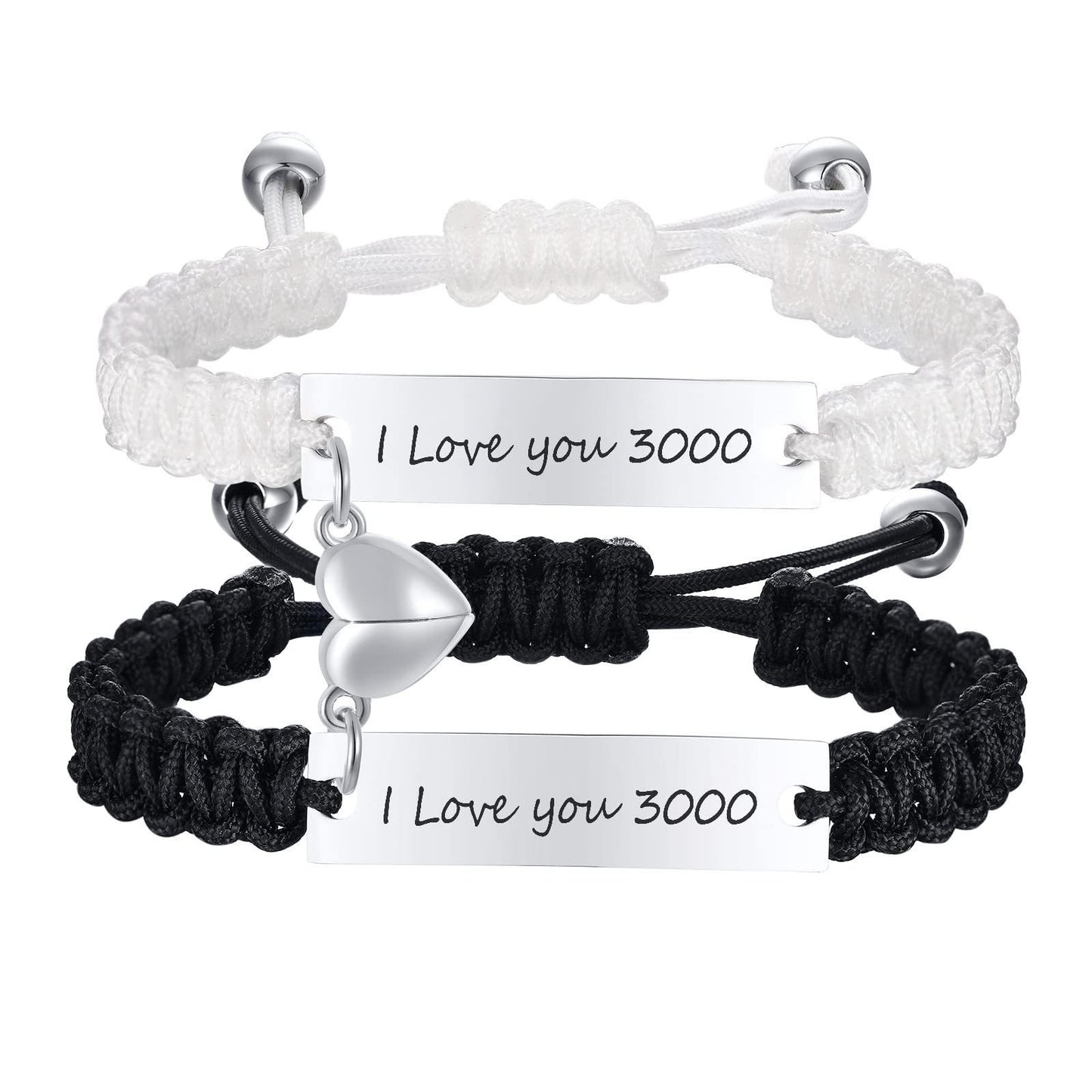 Hand woven magnetic black and white rope with engraved lettering bracelet