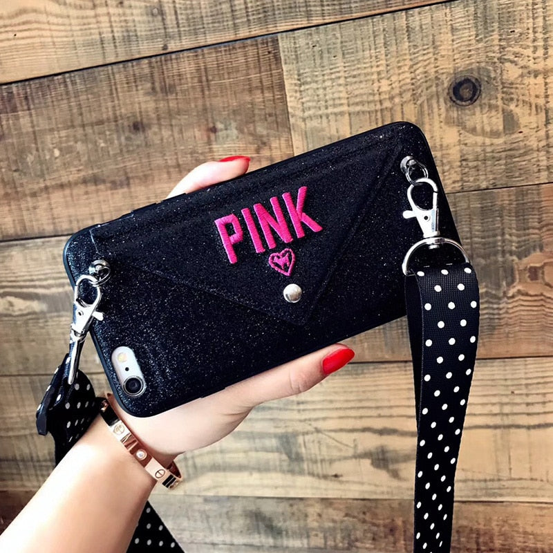 Luxury PINK Glitter Embroidery Leather Case