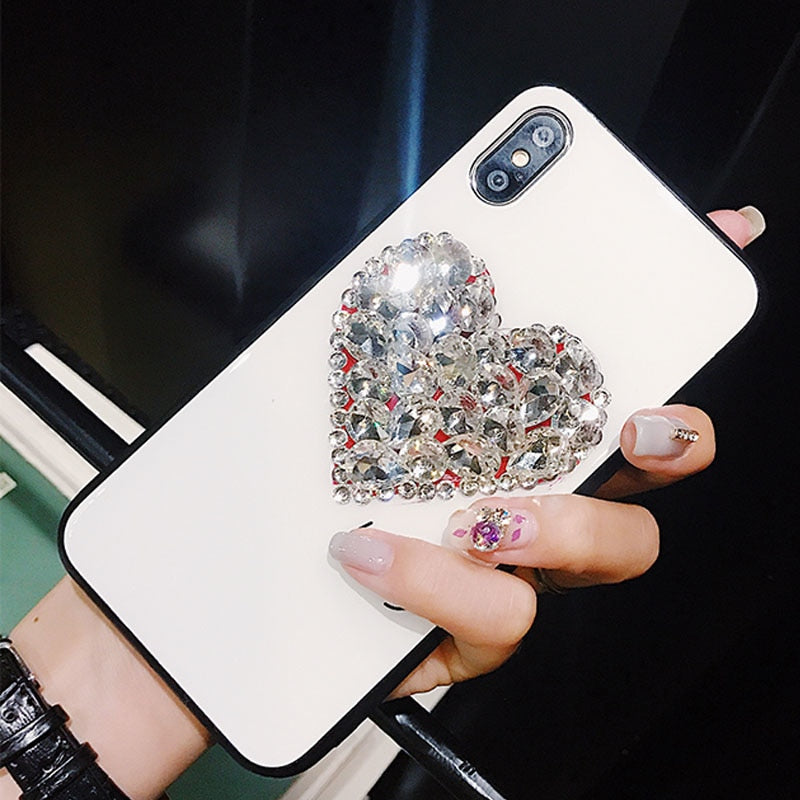 Tempered Glitter Rhinestone Love Heart Phone Case