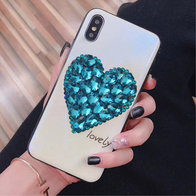 Tempered Glitter Rhinestone Love Heart Phone Case