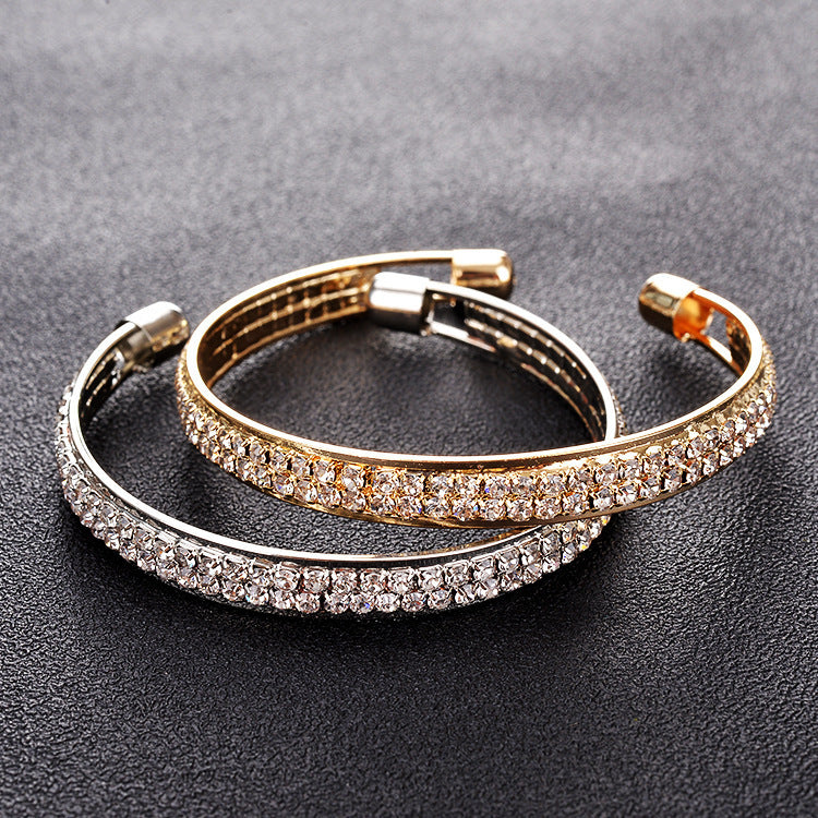 European And American Popular Rose Gold Silver Diamond Inlaid 2-Row Open Bracelet